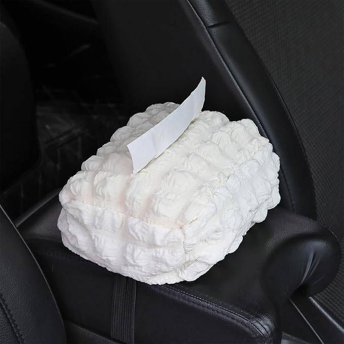 Beige White Car Tissue Holder, Car Standard Tissue Holder, Multi-Functional Car Tissue Boxes, Soft Puff Fabric with Adjustable Elastic Band, Keep Car Tidy, for Sun Visor, Backseat, Armrest - Image 3