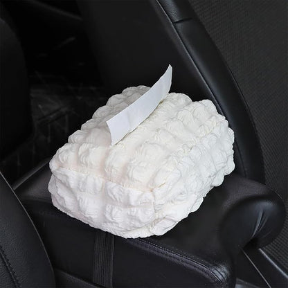 Beige White Car Tissue Holder, Car Standard Tissue Holder, Multi-Functional Car Tissue Boxes, Soft Puff Fabric with Adjustable Elastic Band, Keep Car Tidy, for Sun Visor, Backseat, Armrest - Image 3