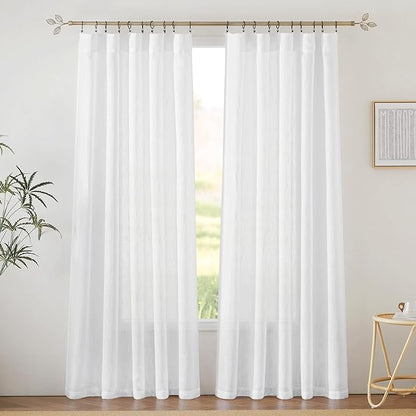 RYB HOME White Sheer Curtains 84 inches Long for Bedroom | Privacy Linen Textured Blend for Bedroom, Half Translucent, for Living Room Patio Sliding Door, White, W70 x L84, 2 Pcs by RYBHOME