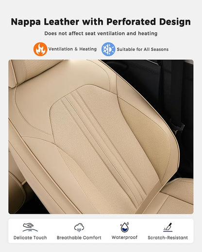 Huidasource Beige Back Seat Cover, Luxury Faux Leather Car Back Seat Cover, Velcro Adjustable, Compatible with Child Seat, Perforation Cooling＆Heating, Universal Fit for Most Cars Vans, Trucks, SUVs - Image 4