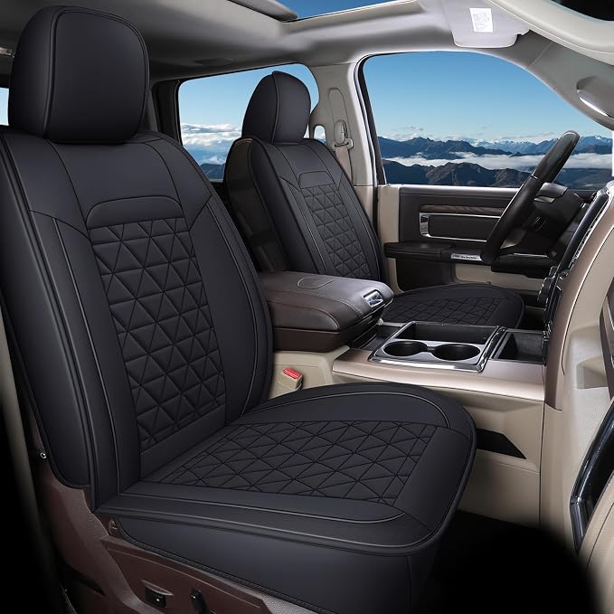 Coverado Car Seat Covers Full Set, Leather RAM 1500 Seat Covers Protectors Compatible with 2002-2026 Dodge RAM 1500 2500 3500 Crew Double Mega Quad Cab with Flat Bench, Black by COVERADOAUTO