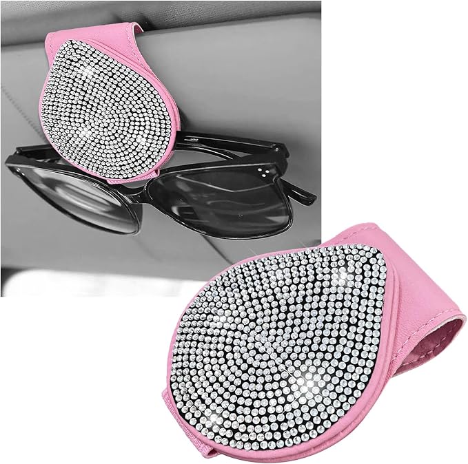 KVAEY Bling Sunglass Holder for Car Visor, Magnetic Leather Visor Clip Glasses Holder with Sparkling Rhinestones, Crystal Visor Ticket Card Clip for Women Girls, Car Accessories (Pink & White) by KVAEY