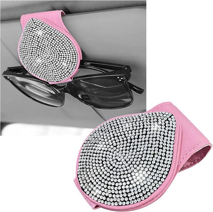 KVAEY Bling Sunglass Holder for Car Visor, Magnetic Leather Visor Clip Glasses Holder with Sparkling Rhinestones, Crystal Visor Ticket Card Clip for Women Girls, Car Accessories (Pink & White) by KVAEY