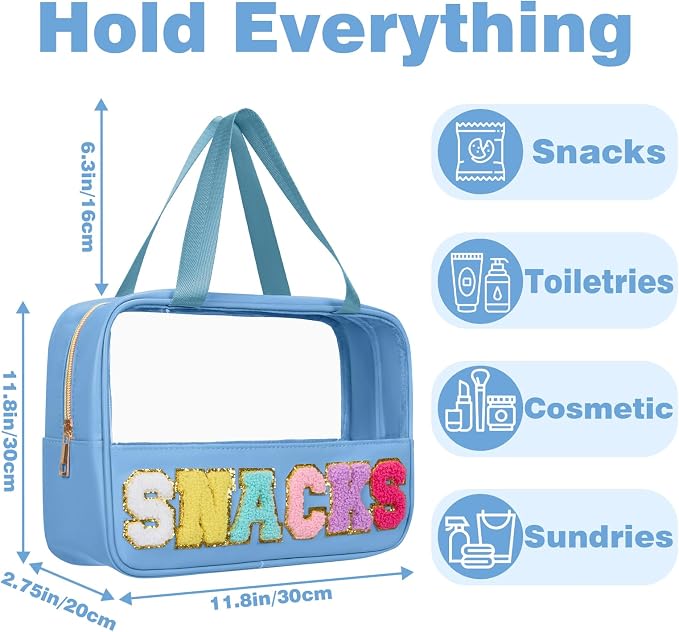 Snack Bags Chenille Letter Patch Clear Bag Snacks Bag for Travel, Preppy Cosmetic Bag Snacks Pouch with Zipper, Toiletry Bag for Traveling women, Clear Travel Bags for Toiletries (Blue-Snack) - Image 4