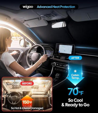 Wigoo Windshield Sunshade Large(64"x34") | Better Coverage with Adjustable Center, 100% Light Blocking, Cooling Tech Durable Fabric, Includes Storage Bag, Odor-free - Image 2