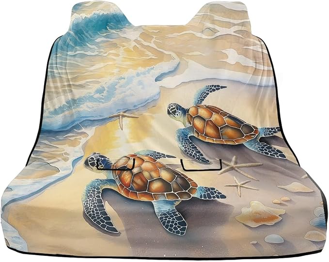 Beach Turtle Starfish Seashell Print Back Seat Cover for Car Trucks Van SUV, Waterproof Rear Bench Towel Seat Covers for Dogs and Kids, Sweat-Absorbent Automotive Backseat Protector - Image 2