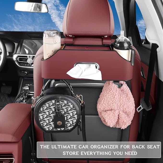 HOLDCY Car Back Seat Organizer with 2 Cup Holders, Tissue Storage, Red | Rigid ABS Frame With Pu Leather, Dual Hooks And Tool-Free Mounting For Cars, Suvs And Trucks With Separate Headrest Posts - Image 4