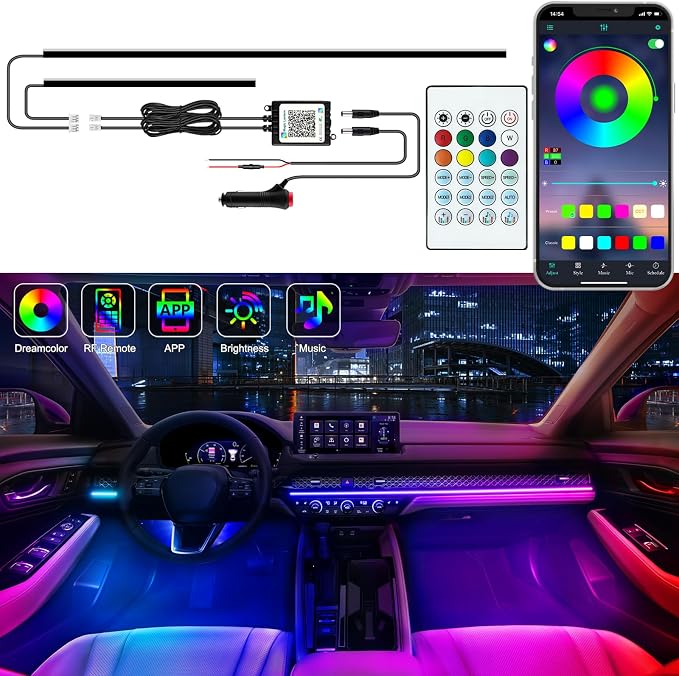 Jushope Interior Car LED Strip Lights, Acrylic LED Lights for Car with Dynamic Dreamcolor Chasing, Ambient Lighting Kits Music Sync Wireless APP and RF Remote Control (43.5+14.5'') by Jushope