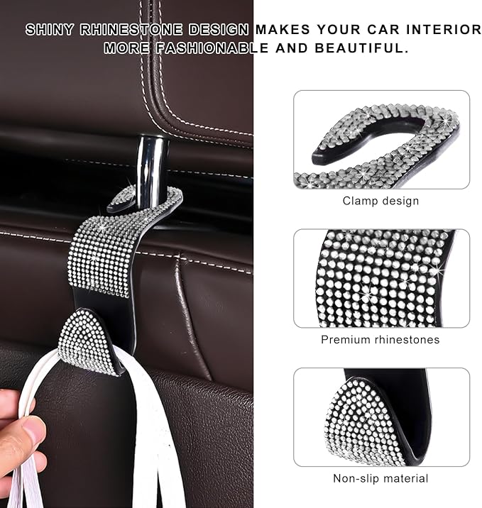 4 PCS Car Seat Headrest Hooks, Bling Crystal Rhinestone Back Seat Hanger Storage Organizer, Sparkly Seatback Holder Hooks for Purse and Bags Universal For Most Vehicles (Silver) - Image 3