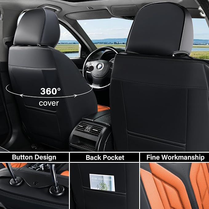 Coverado Car Seat Covers Full Set, Automotive Seat Covers Car Seat Protector Car Seat Cushion, Waterproof Leather Seat Covers for Cars, Universal Fit for Most Sedans SUV Pick-up Truck(Black&Orange) - Image 2