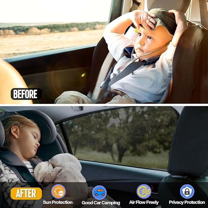 Car Rear Side Window Shades,2 Pack Breathable Mesh Car Window Screens Sun Shades Covers for Camping,Fit for 96% of Cars, Block Sun Glare,UV Protection,Privacy Protection - Image 3
