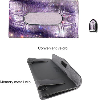 Car Visor Tissue Holder, Sparkling PU Leather Mask Box, Bling Crystals Cover Case & Glitter Mask Hook Clip for Women (Purple) - Image 2