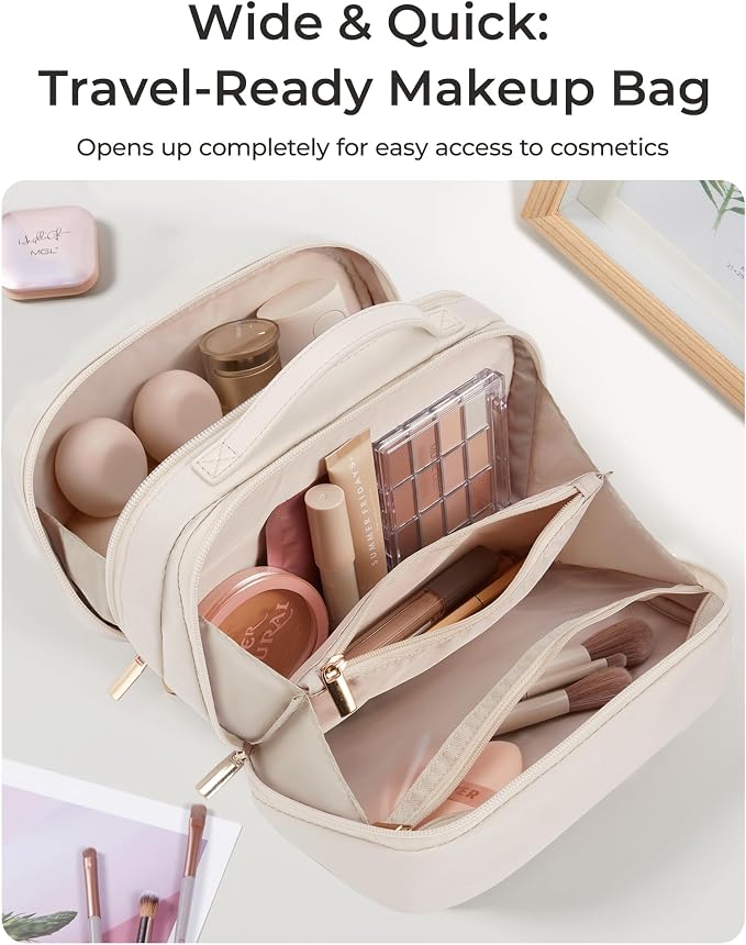 BAGSMART Travel Makeup Bag Large Capacity Cosmetic Bag, Wide-open Portable Make Up Bag Organizer for Women for Travel Essentials Travel-Size Toiletries Accessories Bottles, Brushes (Warm Gray) - Image 4