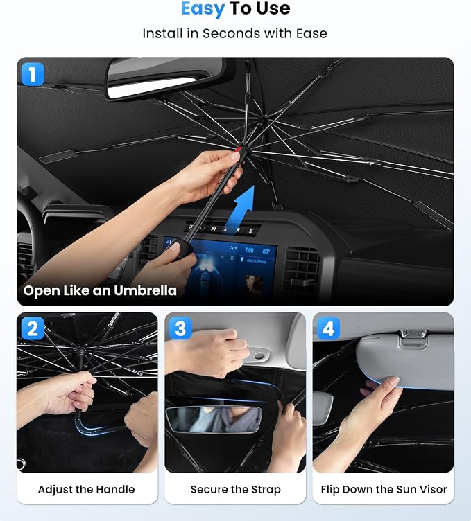 Zanch 2026 Upgraded Car Windshield Sun Shade [Cool Down by 75℉ ] with Heat Insulation Coating, Foldable Sunshade Umbrella with Flexible Handle & Ribs, Large (34''x61'') for Large SUV, Truck, Van - Image 6