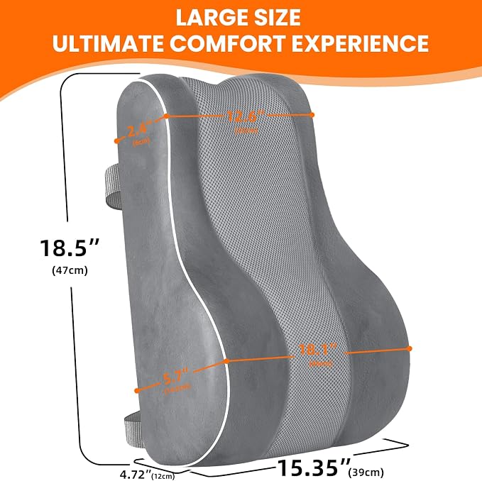 CloudBliss XL Lumbar Support Pillow, Memory Foam for Office, Light Gray | Ergonomic High-Density Memory Foam, Adjustable Straps, Washable Mesh Cover, Lower Back Support for Office, Gaming & Car Seat - Image 2