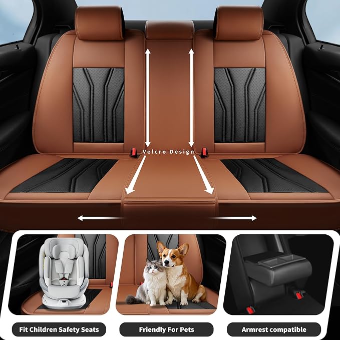 Fit Rogue Car Seat Covers Compatible with Nissan Rogue 2014-2026 - Full Set Premium Leather Waterproof Breathable，All-Weather Seat Cushion Protecto & Airbag Compatible (Full Set Brown & Black) - Image 3