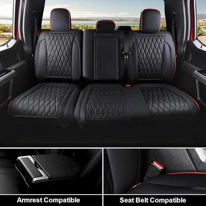 Coverado Leather Seat Covers Full Set for Ford F150F250F350F450(2015-2026)Waterproof Automotive Cushion Covers for Pick-Up Trucks Custom Fit for F150 SuperCrew&F250–F450 Super Duty Crew Cab(Red Line) - Image 5
