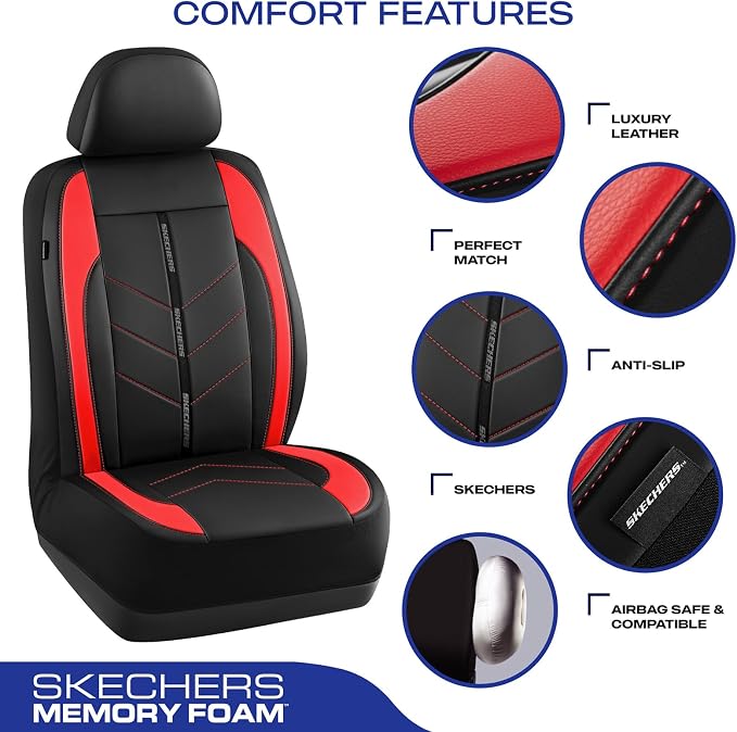 Skechers Car Seat Covers,Luxury Faux Leather Seat Covers,Waterproof Anti Slip Car Seat ProtectorFull Set,Car Accessories Airbag Universal Fit for Most Cars,Vans,Trucks,SUV,Red - Image 4