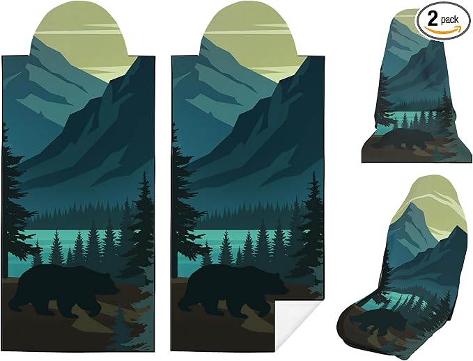 2 Pack Car Seat Towel Covers for Gym, Front Seats, Black Bear | Forest Sweat Protector for Front Seats Premium Thickened with Elastic Strap Breathable & Quick Dry Machine Washable Running by Semtomn