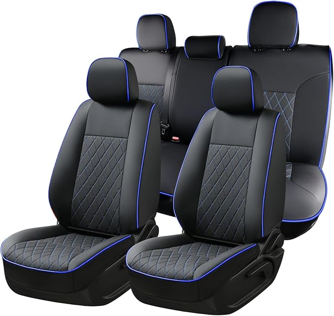 Coverado Tacoma Seat Covers Full Set, Faux Leather Seat Covers Custom Fit for 2016-2023 Toyota Tacoma Double/Crew Cab Base Prerunner SR5 Limited TRD Sport Interior Covers (Blue Line) by COVERADOAUTO