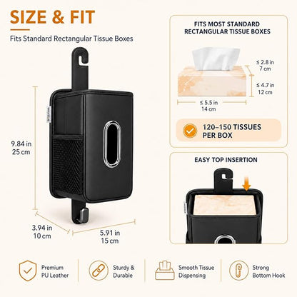 Witaxima Multifunction Leather Car Tissue Holder with Headrest Hook 2 Pack | Car Small Trash Can & Seat Back Organizer PU Leather kleenex holder for 120-150 Tissues Keep Car Tidy, Black - Image 5