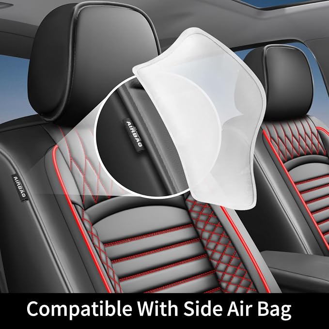 Fit Frontier Car Seat Covers for Nissan Frontier 2009-2026 - Upgraded Premium Waterproof & Breathable Leather, Airbag Compatible, All-Weather Seat Cushion Protector (2 Front/Black+Red) - Image 6