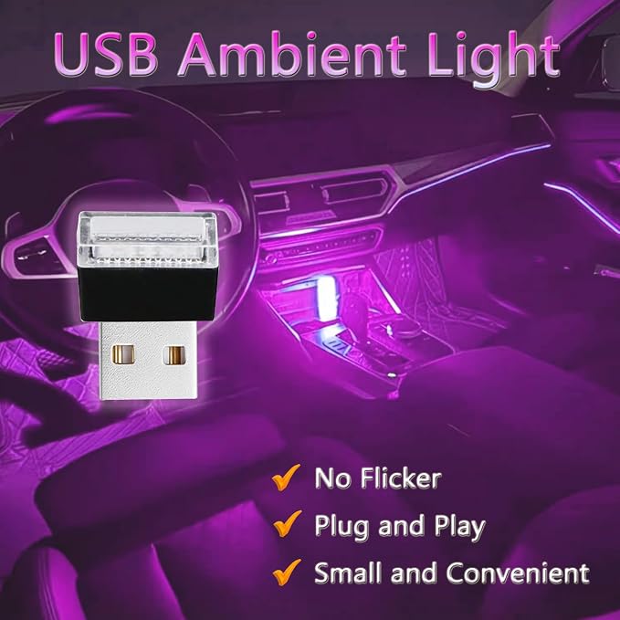 2 Pcs USB LED Car Interior Atmosphere Lamp, Night Light Led Decoration Light Ambient Lighting Kit Interior Led Lights, Portable Vehicle Ambient Lighting Kit for all Car Interior Accessorie Pink Purple - Image 2