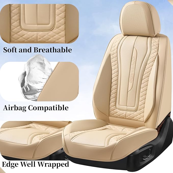 Coverado Car Seat Covers for Front Seat, Leather Seat Covers for Cars, Front Seat Covers, Waterproof Car Seat Protectors Car Seat Cushions Universal for Most Vehicles, Beige - Image 2
