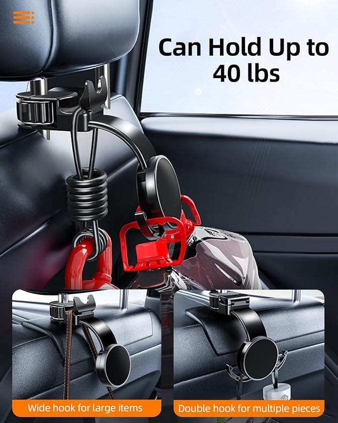 1 Pack Headrest Hook for Car Seat Back with Magnetic Phone Holder, Multifunctional Car Seat Hooks for Purses and Bags Handbag Grocery Bag, Purse Hanger Car Organizers and Storage Accessories - Image 5