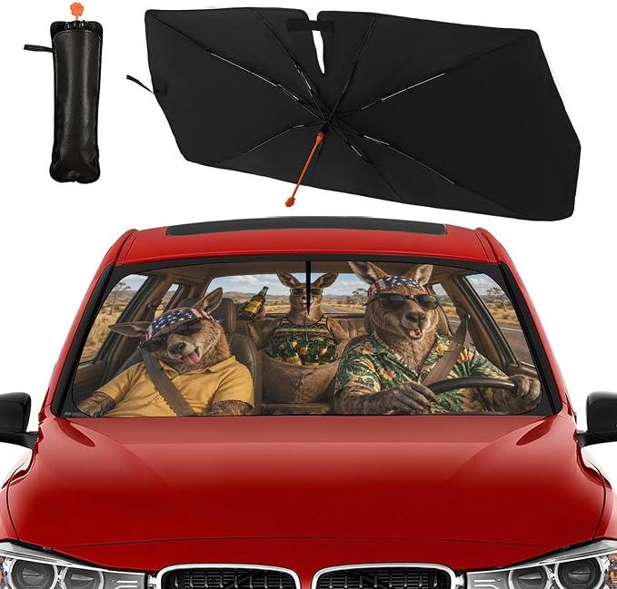 Kangaroo Car Windshield Sun Shade Umbrella Bendable Handle Foldable Funny Beer Kangaroo Sunshade for Car Windshield Block UV Rays Keep Vehicle Cool for Most Sedans SUV Trucks Cars 57"x30" - Image 4