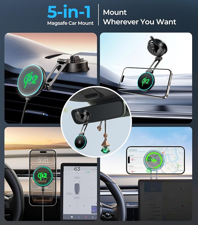 Certified Qi2 Car Phone Mount Charger for MagSafe, 360° Adjustable & Folding Arm, Universal Dashboard Windshield Mirror Screen Magnetic Holder for Tesla Model 3/Y Accessories & iPhone 17/16/15 Pro Max - Image 3