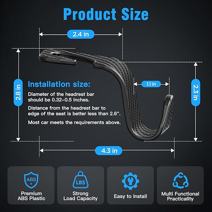 4-Pack Car Headrest Hooks Holds 55lbs Seat Storage Organizer for Bags | Durable ABS Material, 360° Rotating, Car Hanger for Backpack Umbrella Water Bottle Coat Handbags Groceries, Checkered Black - Image 6