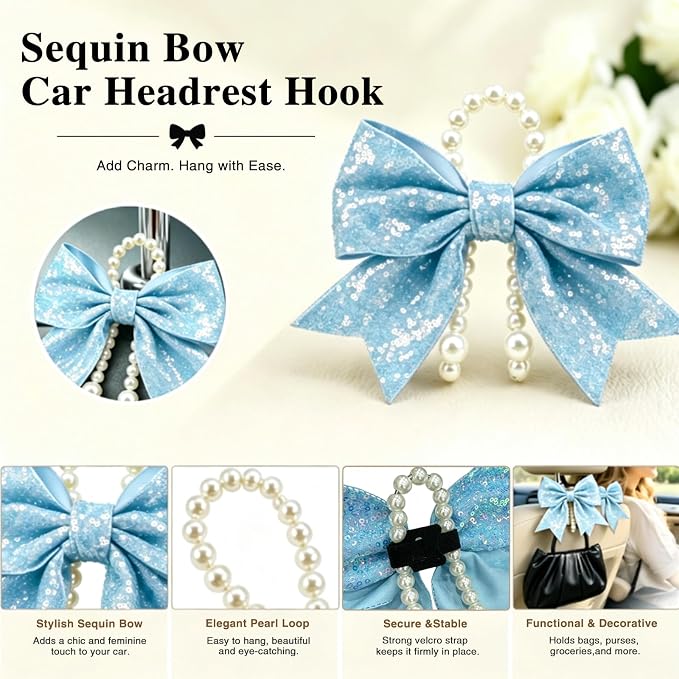 2 Pack Pearl Car Seat Headrest Hook with Bow & Sequin/Leopard/Polka Dot Design – Cute Purse Hanger for Vehicle,Grocery Bags, Umbrellas, Seat Back Organizer for Women (Light Blue Sequins) - Image 5