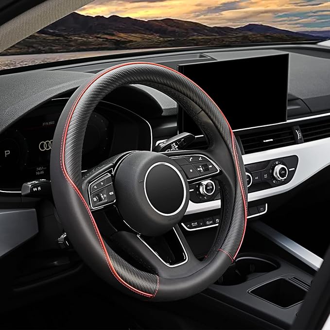 YHONGJT Soft Microfiber Leather Anti-Slip Car Steering Wheel Cover, Universal 15 Inch, Fit Vehicles, Sedans, SUVS, Vans, Trucks - Black with Red Line by Unknown
