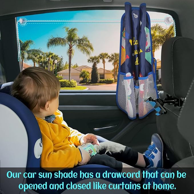 DIZA100 2 Pack Car Window Shade for Baby, Blackout Car Sun Shades with Storage Pockets, 7 Suction Cups, Blue, Cute Patterns for Sun/Heat/UV Rays Protection, Standard Passenger Cars - Image 3