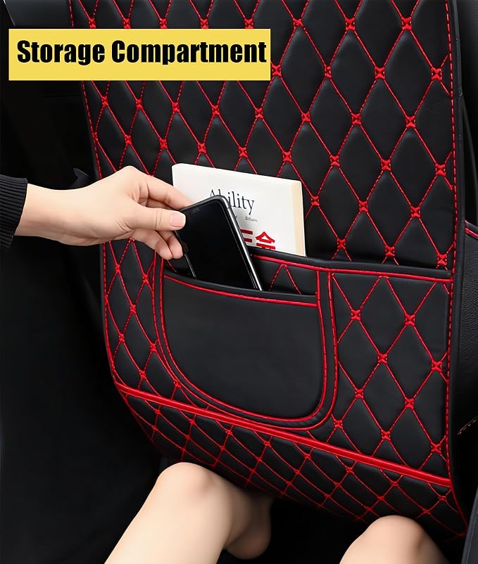 Leatherette Car Seat Protector - 2 Pack Large Car Kick Mats with Storage Organizer Seat Back Cover Against Dirty Shoes & Scratches, Universal Fit for Most Vehicles (Black with Red Line) - Image 7