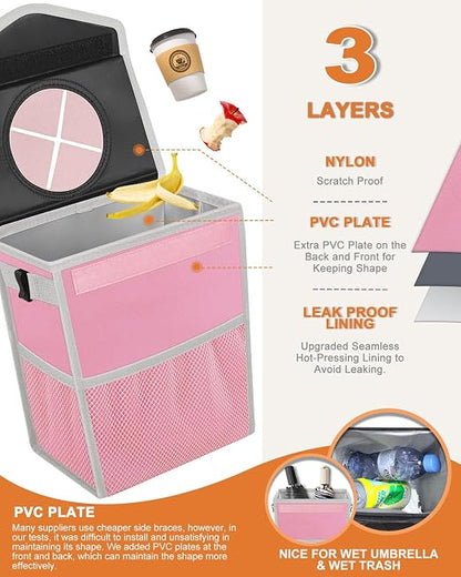 Pritent Car Trash Can with Lid Leakproof Car Garbage Bag Vehicle Trash Bin | Hanging Automotive Garbage Can,Multipurpose Car Accessories for Women Men Interior Car Storage Organizer(2 Gal,Pink) - Image 3