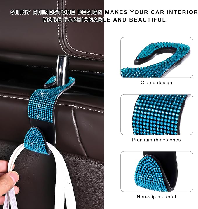 4 PCS Car Seat Headrest Hooks, Bling Crystal Rhinestone Back Seat Hanger Storage Organizer, Sparkly Seatback Holder Hooks for Purse and Bags Universal For Most Vehicles (Lake Blue) - Image 3