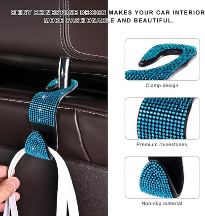 4 PCS Car Seat Headrest Hooks, Bling Crystal Rhinestone Back Seat Hanger Storage Organizer, Sparkly Seatback Holder Hooks for Purse and Bags Universal For Most Vehicles (Lake Blue) - Image 3