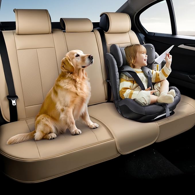 Coverado Backseat Cover for Dogs, Car Seat Protector for Back Seat, Car Seat Covers Beige, Car Seat Cushion Nappa Leather, 3-Pieces Waterproof Seat Covers Carseat Cover Universal Fit for Most Cars - Image 6