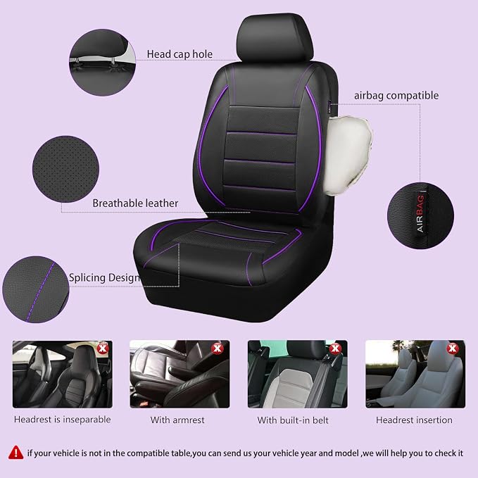 CAR PASS Piping PU Leather Car Seat Cover,Inside Zipper Design and Reserved Opening Holes Airbag Compatible,Universal FIT for Car, SUVs,Van,Trucks,Full Set, Black & Purple - Image 3