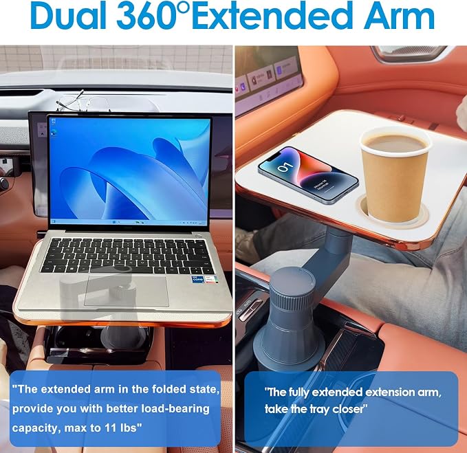 Car Tray& Car Desk for Laptop,Dual 360° Rotating,Anti Slip Leather Surface, Food Tray, Cup Holder Table Compatible with Tesla Model Y/3/S, Ford F150/Explorer/Maverick/Home Theater Seating (White) - Image 4