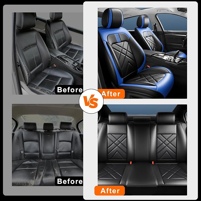 Rio Car Seat Covers Custom Fit for KIA Rio 2014-2026, Premium Full Coverage Leather Automotive Seat Protectors, All Seasons Waterproof Breathable, Airbag Compatible, Full Set Seats, Black-Blue - Image 6