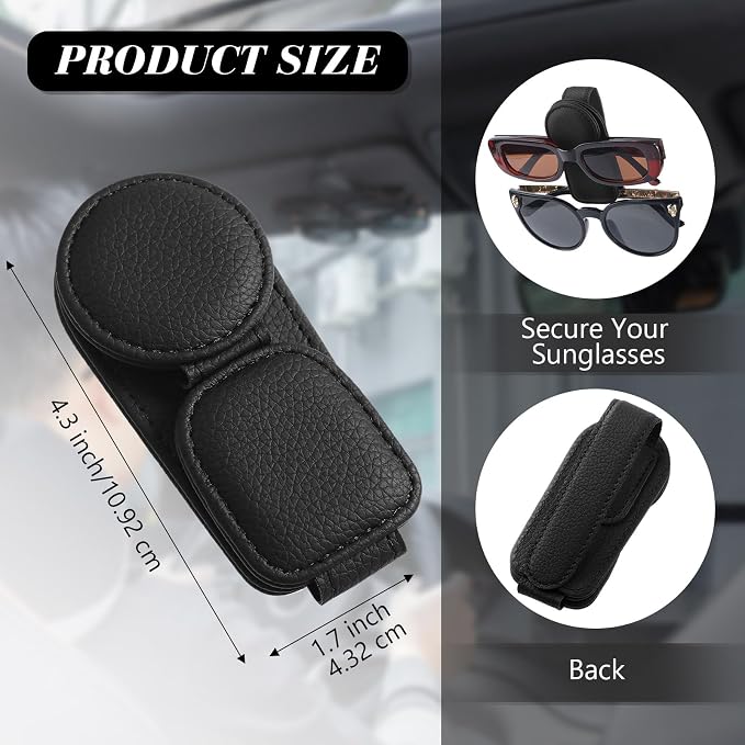 Konohan Sunglasses Holder for Car Visor Leather Eyeglass Hanger Magnetic Sunglasses Holder with 2 Clips (Black) - Image 2