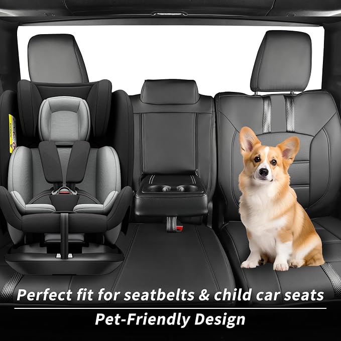 Custom Seat Covers for 2019-2026 Ram 2500/3500 CrewCab Bighorn,Faux Leather | Full Set Heavy Duty Pickup Seat Cushion,Front w/No Headrest Cutout,Rear 40/60 Split Curved Bench Seat,Black & Carbon Fiber - Image 2