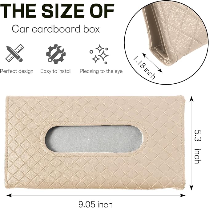Car Tissue Holder, PU Leather Sun Visor Tissue Box (Plaid-Beige) | Wear-Resistant & Waterproof, Napkin & Mask Dispenser, Metal Memory Clips, Easy Refill, Fits Most Vehicles - Image 2