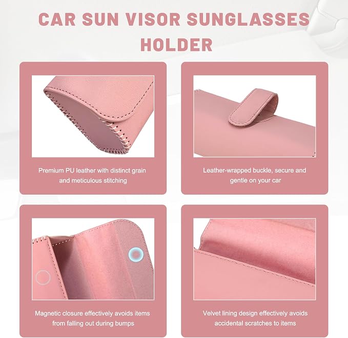 Sunglasses Holder for Car Visor, Auto Sunshade Eyeglasses Storage Case with Hidden Magnetic Closure, PU Leather Sunglass Protective Box for Most Vehicles Sun Visors (Pink) - Image 3