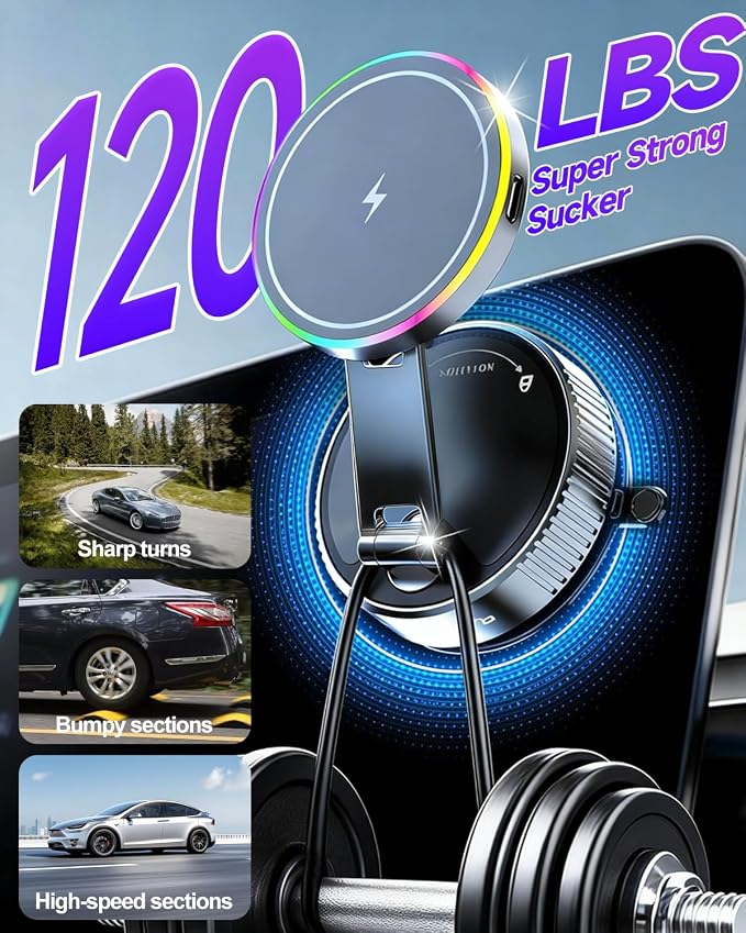 for Magsafe Car Mount Charger 15W Fast Charging Wireless Car Charger Holder | [120LBS Suction &3800gf Magnet] 780° Adjustable, Vacuum Magnetic Phone Holder for Your Car for iPhone & Android, Metal Stand - Image 3