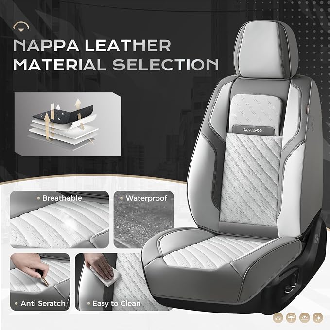Coverado Car Seat Covers Full Set 5 pieces, Luxury Nappa Leather Seat Covers Universal Fit Waterproof Non-Slip Breathable Front & Back Automotive Seat Protectors for Cars, SUVs, Trucks - Image 3