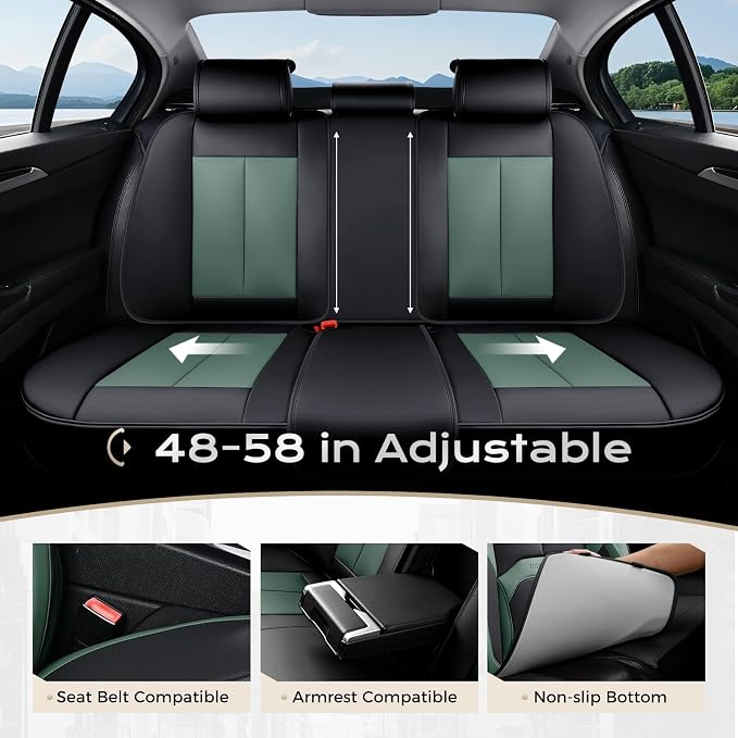 Coverado Car Seat Covers Full Set, Green Car Seat Cover, Car Leather Seat Protector with Lumbar Support, Waterproof Car Seat Cushion, Leather Seat Covers Universal Fit Most Cars, (Black&Green) - Image 3